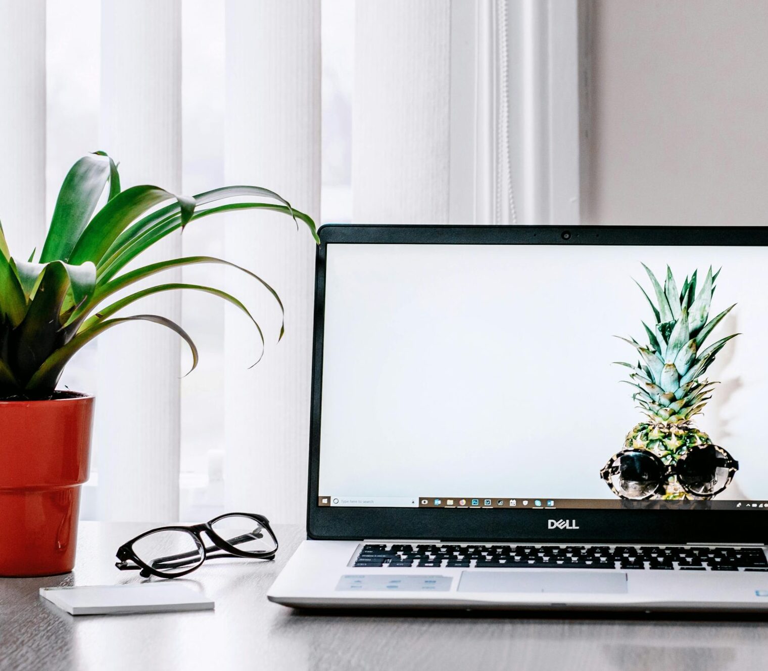 A stylish workspace featuring a laptop, plant, and smartphone on a desk.